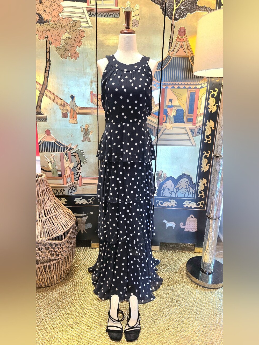 Tommy Hilfiger Navy White Polka Dot Tiered Maxi Dress Round Neck Sleeveless 6